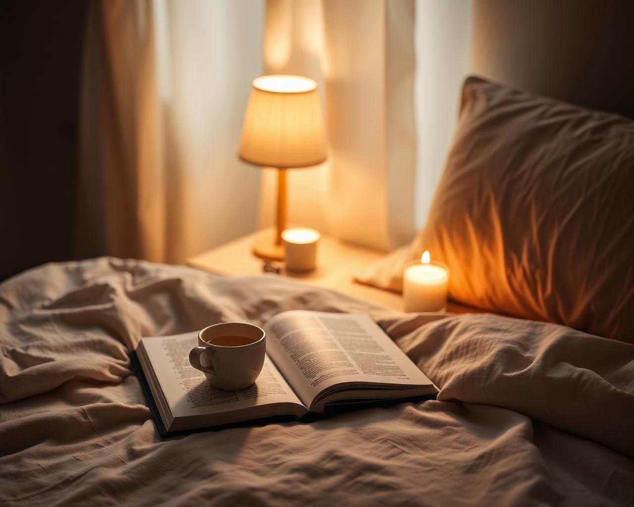 A warm bedside lamp and an open book